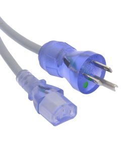 15Ft Hospital Grade Power Cord 5-15P to C13 SJT 18/3 Clear Blue